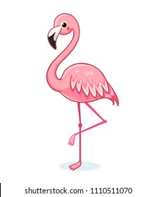 Cute pink flamingo on a white background. Vector illustration with bird on white background in cartoon style.