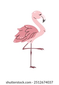 Cute pink flamingo on white background. Cartoon tropical bird in flat style. Safari collection. Vector children's illustration for clothes, fabric, greeting cards, stickers, etc.