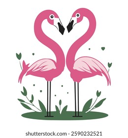 Cute Pink Flamingo On White Background with grass and leaf, Summer Love Cute Flamingo Couple