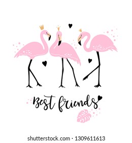 Cute pink flamingo princess. Best friends. Tropical leaf, hearts. Vector illustration isolated on white background. Suitable for printing on a postcard, poster, clothing.