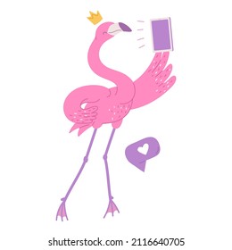 Cute pink flamingo princess with phone. African bird cartoon flat illustration.