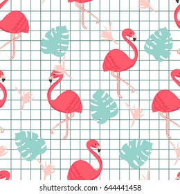 Cute pink flamingo seamless pattern with tropical leaves. Vector hand drawn illustration.