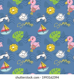 Cute pink flamingo seamless summer pattern vector on blue  background For baby and children fabric cloth backdrop, palm leaf wallpaper wrapping paper  Printable.