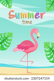 Cute pink flamingo standing on the beach. Colorful banner flyer in cartoon style. Summer concept. Vector illustration vertical background.