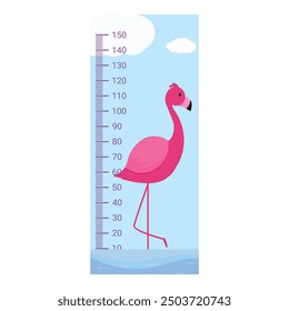 Cute pink flamingo is standing on one leg near a height chart ruler for a children's room