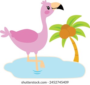 A cute pink flamingo stands on one leg in the ocean. Vector image  palm tree with coconuts. Kawaii style. Simple flat pozitive image Сhildren's design worksheets. Wild Animals collection. Safari party