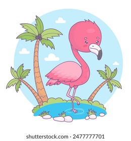 Cute pink flamingo stands in water with tropical palm trees. Funny cartoon kawaii bird character. Vector illustration. Kids collection