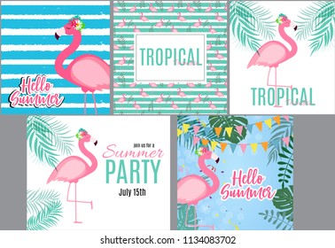 Cute Pink Flamingo Summer Collection Set Background Vector Illustration EPS10