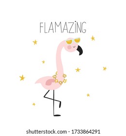 Cute pink flamingo. Summer kids graphic. Vector hand drawn illustration.