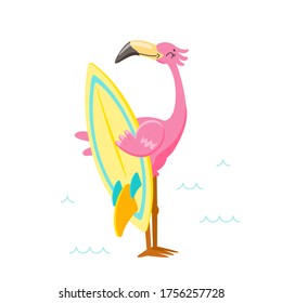 Cute Pink Flamingo with Surf Board on Beach. Cartoon Character on Summer Vacation. Kawaii Personage Summertime Activity and Spare Time. T-shirt Print Isolated on White Background. Vector Illustration