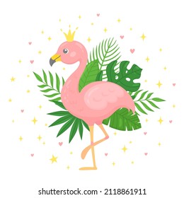 Cute pink flamingo with tropical leaves, stars, hearts. Funny character in a hand-drawn cartoon style. Print for childrens T-shirts, card, poster. Vector illustration isolated on a white background