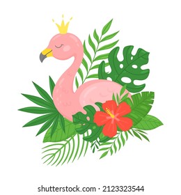 Cute pink flamingo with tropical leaves and flower. Pretty character in a hand-drawn cartoon style. Print for childrens T-shirts, card, poster. Vector illustration isolated on a white background