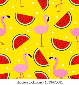 Cute pink flamingo and watermelon seamless pattern. Summer background. Animal wildlife cartoon character.