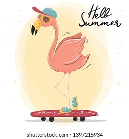 cute pink flamingo wear cap and sun glasses skateboarding, summer time character vector