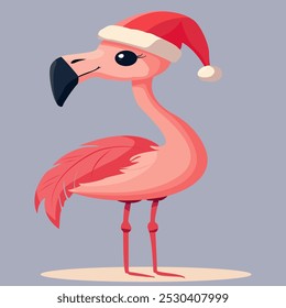 Cute pink flamingo wearing Santa hat in flat vector design on gray background