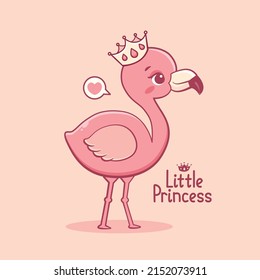 Cute pink flamingos bird with crown cartoon illustration