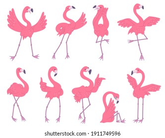 Cute pink flamingos with different emotions set. African birds cartoon flat illustration isolated on white background.