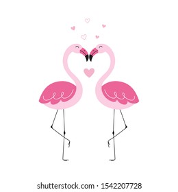 Cute pink flamingos in a love kiss, valentine, hearts. Hand-drawn vector illustration.