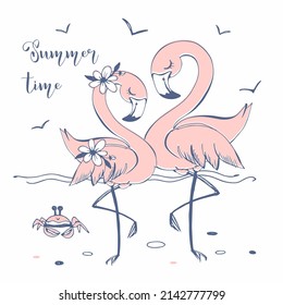 Cute pink flamingos on the sea beach. Summer time. Vector.