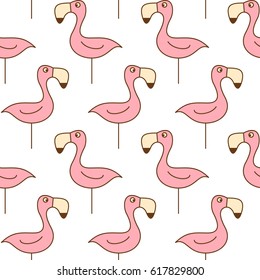 Cute pink flamingos on white background. Minimalistic seamless pattern. Vector art for wallpaper, web page background, textile design, graphic design and children goods.