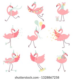 Cute Pink Flamingos in Party Hats Set, Beautiful Exotic Birds Characters With Gift Boxes and Colorful Balloons, Happy Birthday Vector Illustration