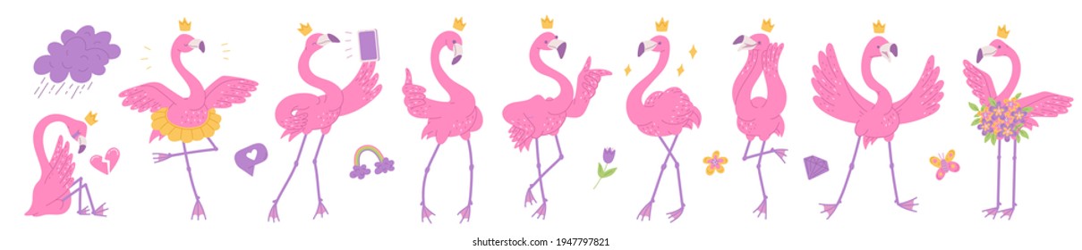 Cute pink flamingos princesses with crown on the head and different emotions. African bird characters cartoon flat illustration isolated on white background.