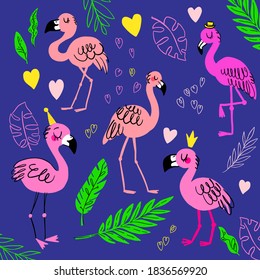 Cute pink flamingos. Summer Set with Cartoon Birds, Leaves, Crown, Hat. Suitable for tropical T-shirt prints, birthday invitations. Vector design.