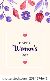 Cute pink floral poster for March 8 Women's Day holiday. Design with flowers on top, hearts and text on beige background. Vector illustration.