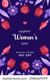 Cute pink floral poster for March 8 Women's Day holiday. Design with flowers frame, hearts and text on dark background. Vector illustration.