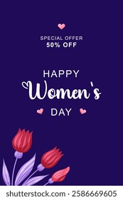 Cute pink floral poster for March 8 Women's Day holiday. Design with tulips in corner and text on dark background. Vector illustration.