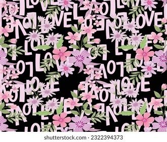 cute pink floral print over black ground with love sayings 