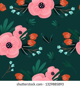 Cute  Pink Floral seamless pattern with natural flower branch and leaves for background.