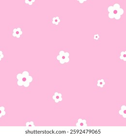 Cute Pink Floral Seamless Pattern with White Daisies for Playful and Feminine Designs, Cute pink floral pattern with scattered white flowers