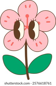 Cute pink flower with big eyes and green leaves, perfect for spring themes
