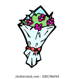 cute pink flower, bouquet cartoon object on white background, vector doodle art