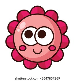 Cute pink flower cartoon face icon with smile and big eyes isolated on white background