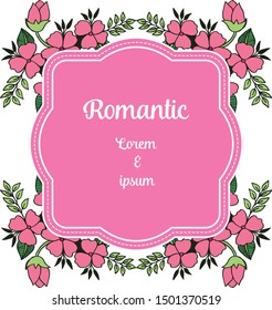 Cute pink flower frame and green leaves, for banner romantic. Vector