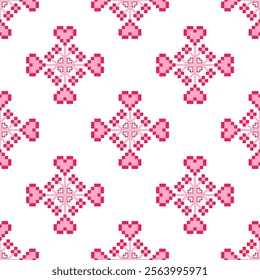 Cute pink flower heart ethnic seamless pattern.Cross Stitch embroidery.Abstract geometric pixel ethnic.Lovely romantic folk for love,Mother's Day,Valentine, wedding,birthday,textiles,surface design.