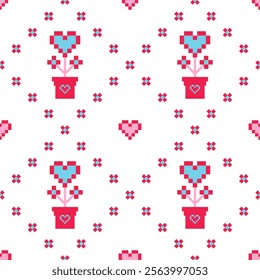 Cute pink flower heart ethnic seamless pattern.Cross Stitch embroidery.Abstract geometric pixel ethnic.Lovely romantic folk for love,Mother's Day,Valentine, wedding,birthday,textiles,surface design.