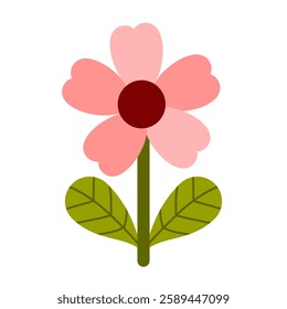 A cute pink flower with heart-shaped petals and a red center, paired with green leaves. Perfect for stickers, clipart, and decorations, adding a sweet and cheerful touch to any design or project.