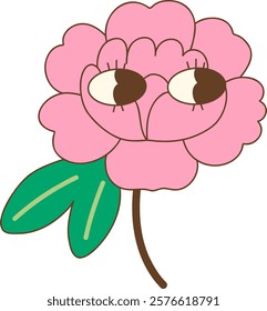 Cute pink flower with large eyes and green leaves, expressing joy and whimsy
