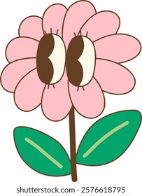 Cute pink flower with large eyes and green leaves, expressing joy


