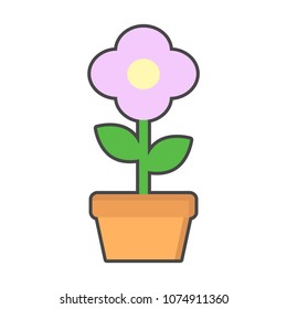 cute pink flower and leaf in flower pot cartoon object on white background, vector illustration