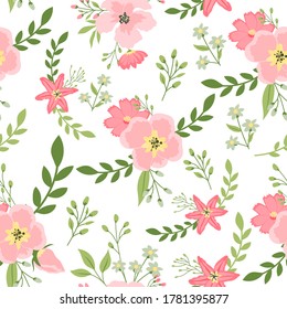 Cute pink flower and leaf seamless pattern vector on white background