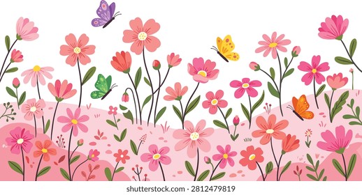 Cute pink flower meadow collection, blooming spring floral landscape, whimsical butterfly garden, vector illustration design bundle