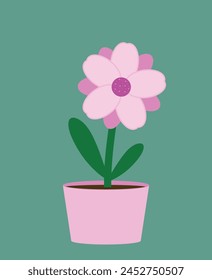 Cute pink flower with petals in a pink pot on green background