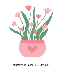  Cute pink flower pot. Spring illustration of flowers in a pot. Vector hand drawn illustration.