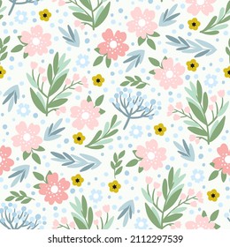 Flor rosada sin costura, ramas azules y bayas. Planta de fondo para moda, tapices, imprimir. Diseño floral de moda en vector.