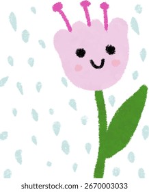 Niedliche rosa Blume mit lächelndem Gesicht und Regentropfen