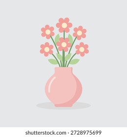 Cute Pink Flower Vase Flat Vector Illustration